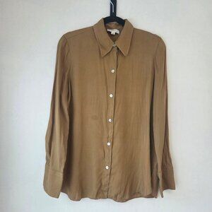 Vince Silk Blend Long Sleeve Button Up Shirt Blouse Top Mother of Pearl Button M